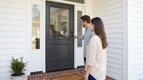 Couple using fingerprint smart deadbolt at black-grey front door — keyless entry buyer's guide comparing smart deadbolt categories