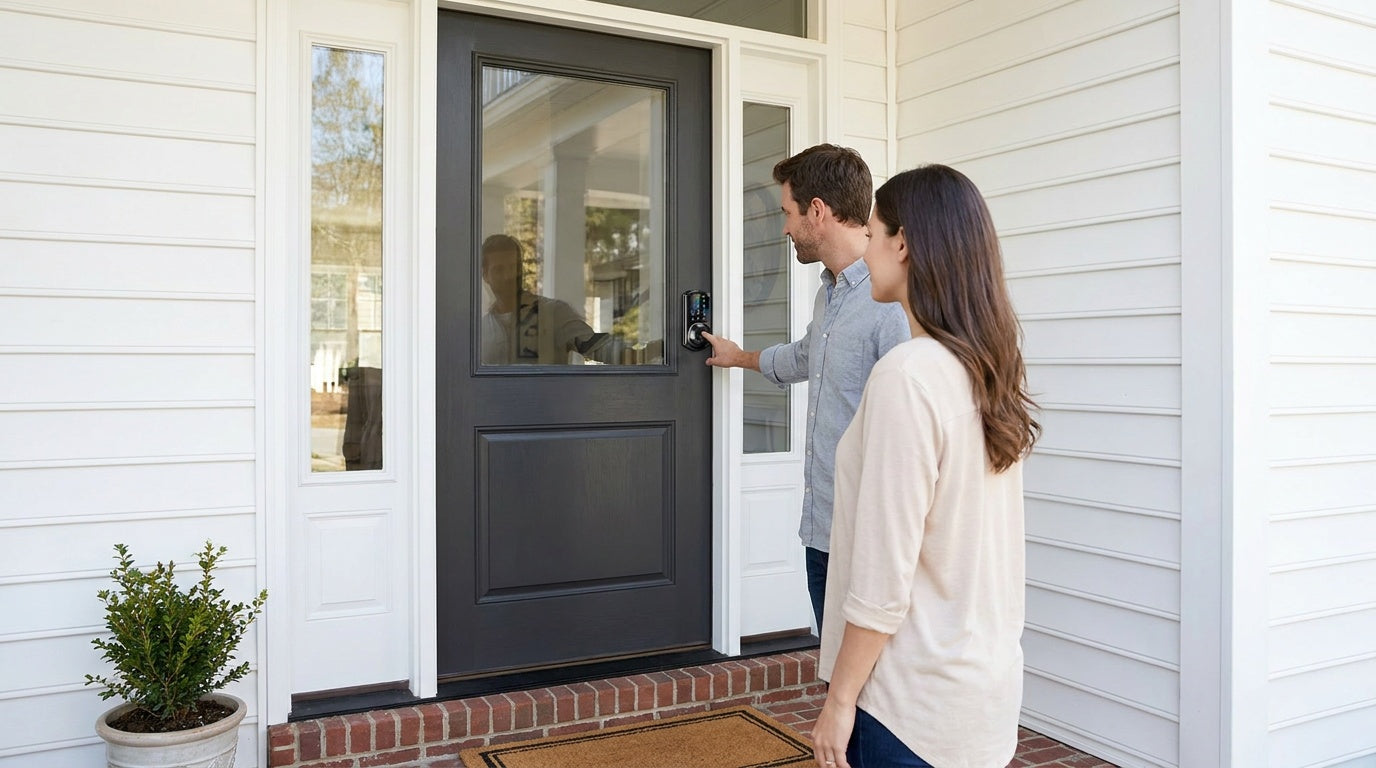 Couple using fingerprint smart deadbolt at black-grey front door — keyless entry buyer's guide comparing smart deadbolt categories