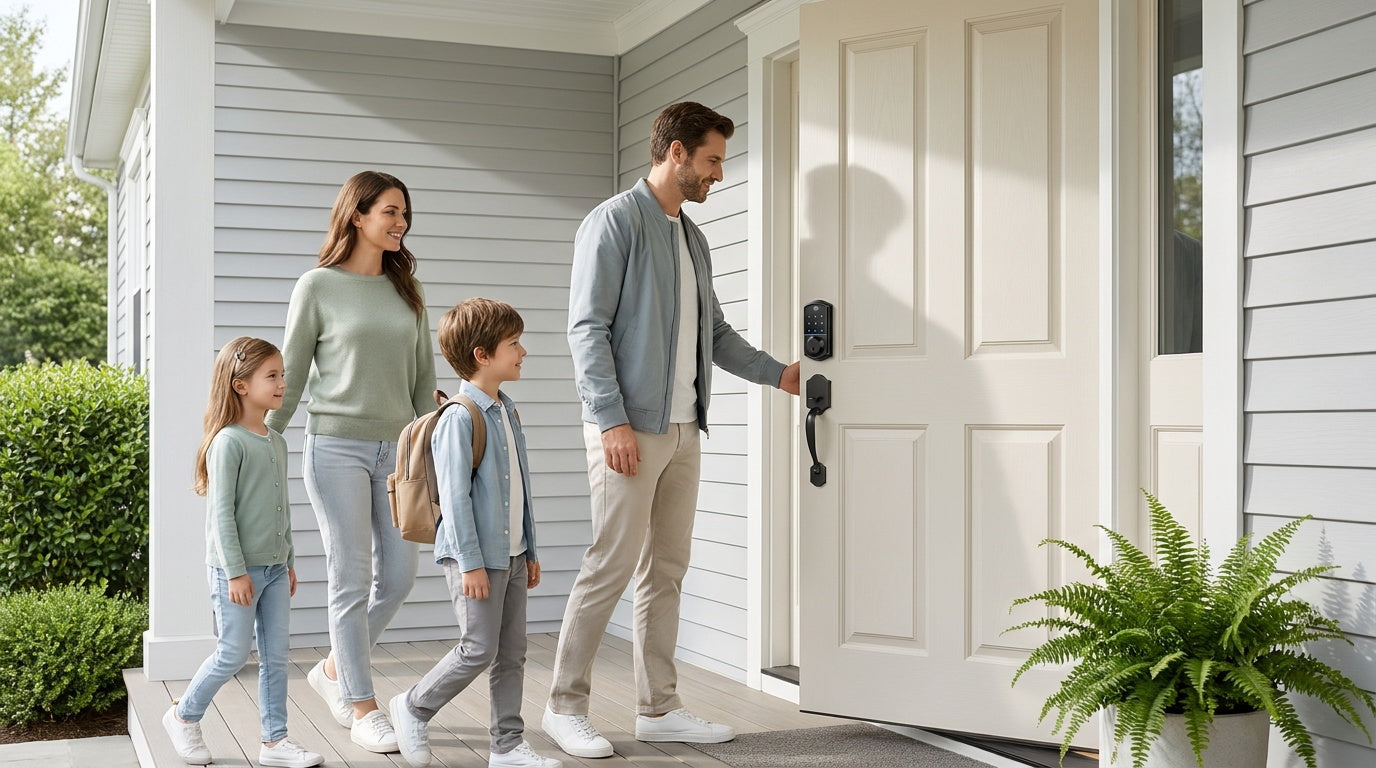 Family of four arriving home and using a Veise smart door lock keypad — keyless entry buyer's guide for everyday home security