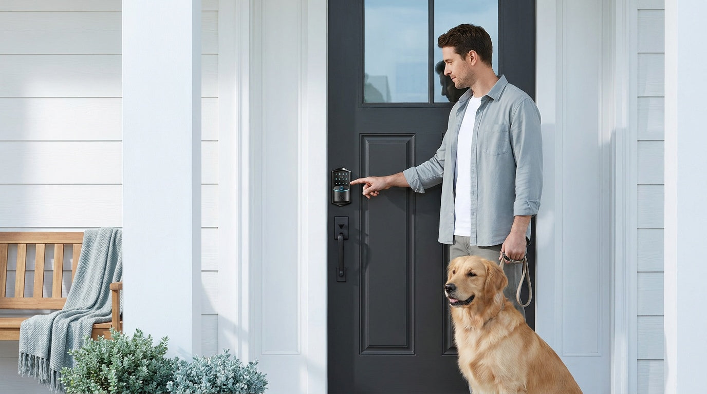 Man with dog entering a code on a Wi-Fi smart lock at a dark front door — keyless entry and smart home door security