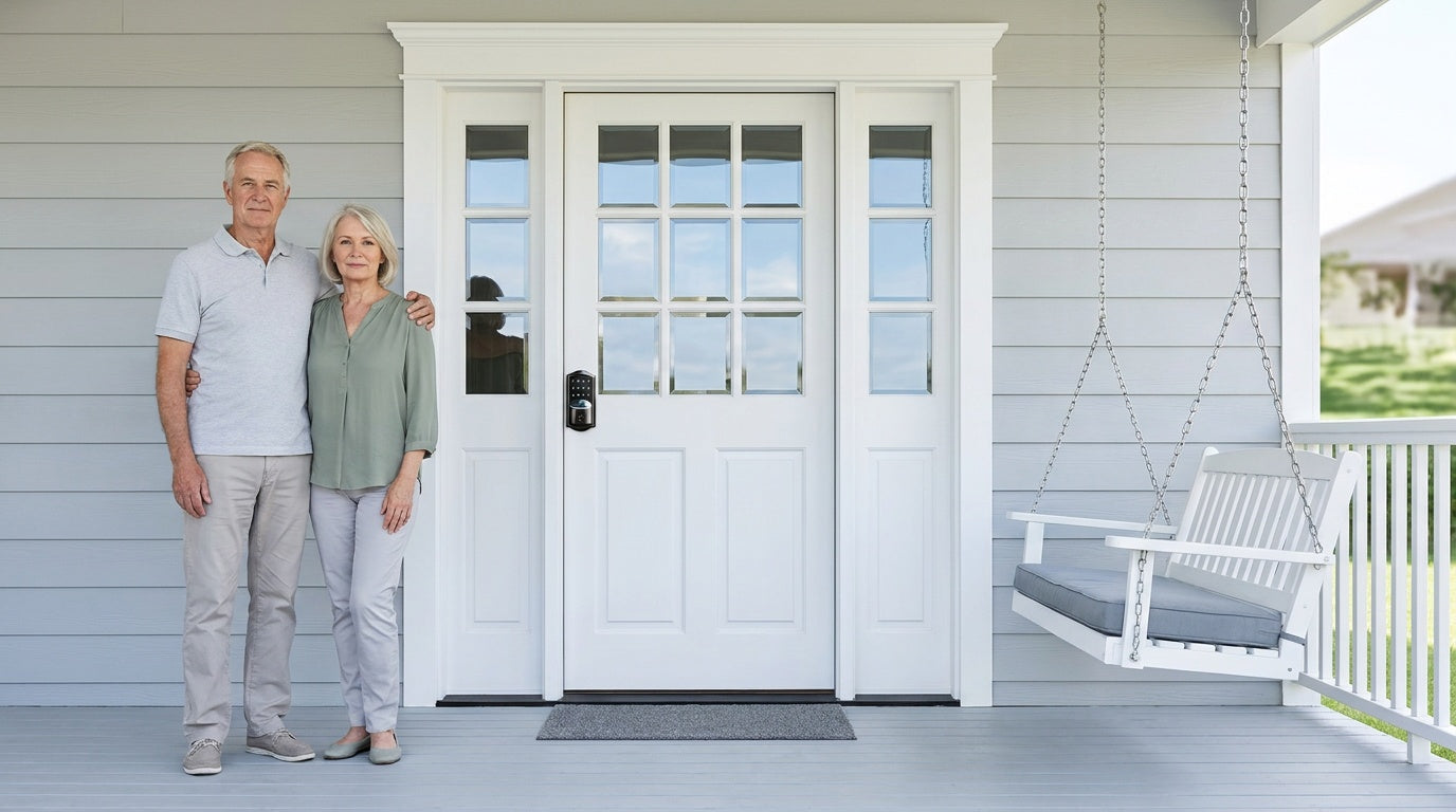 Retired couple at their front door with a Veise Wi-Fi smart lock — smart home keyless entry for seniors