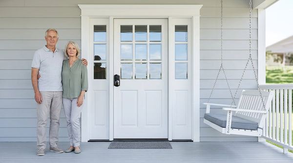 Retired couple at their front door with a Veise Wi-Fi smart lock — smart home keyless entry for seniors