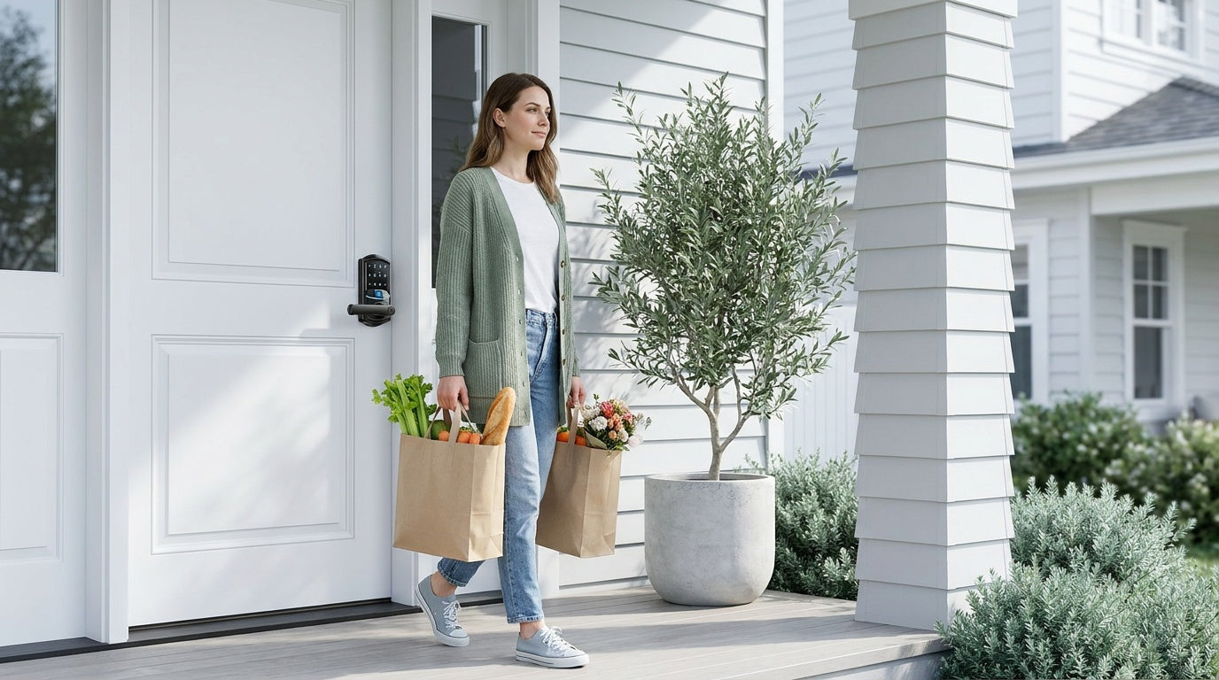Woman with two grocery bags walking from front door past Veise Wi-Fi smart lock with auto-lock — hands-free home security