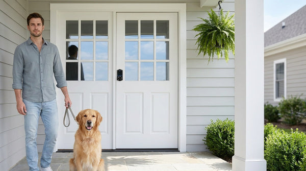 Man with his dog at a white front door with a fingerprint smart lock — keyless entry and home security guide