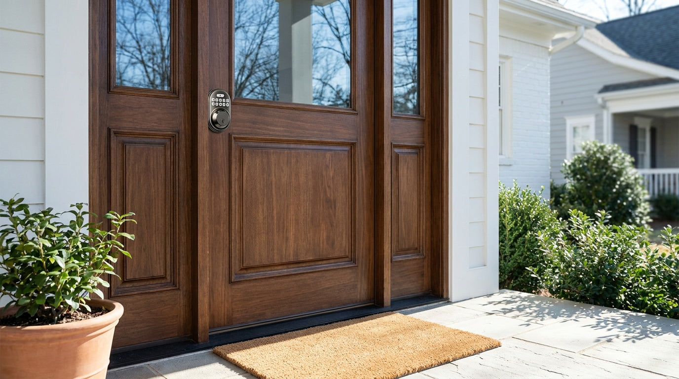 Keypad deadbolt smart lock on a closed walnut wood front door — wood door compatibility for keyless entry