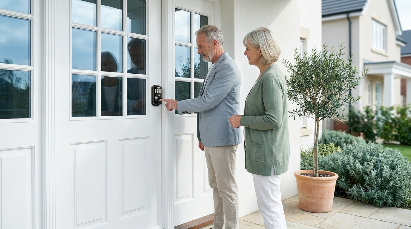 Retiree couple entering a code on a keypad smart deadbolt at a white front door — easy keyless entry home security