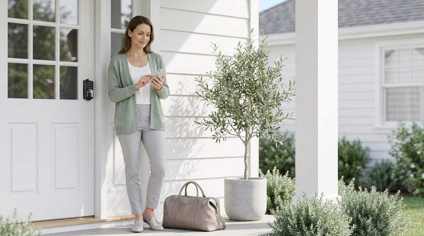 Woman taps smartphone at front door with Veise smart lock — sharing guest access codes for hosting and rentals