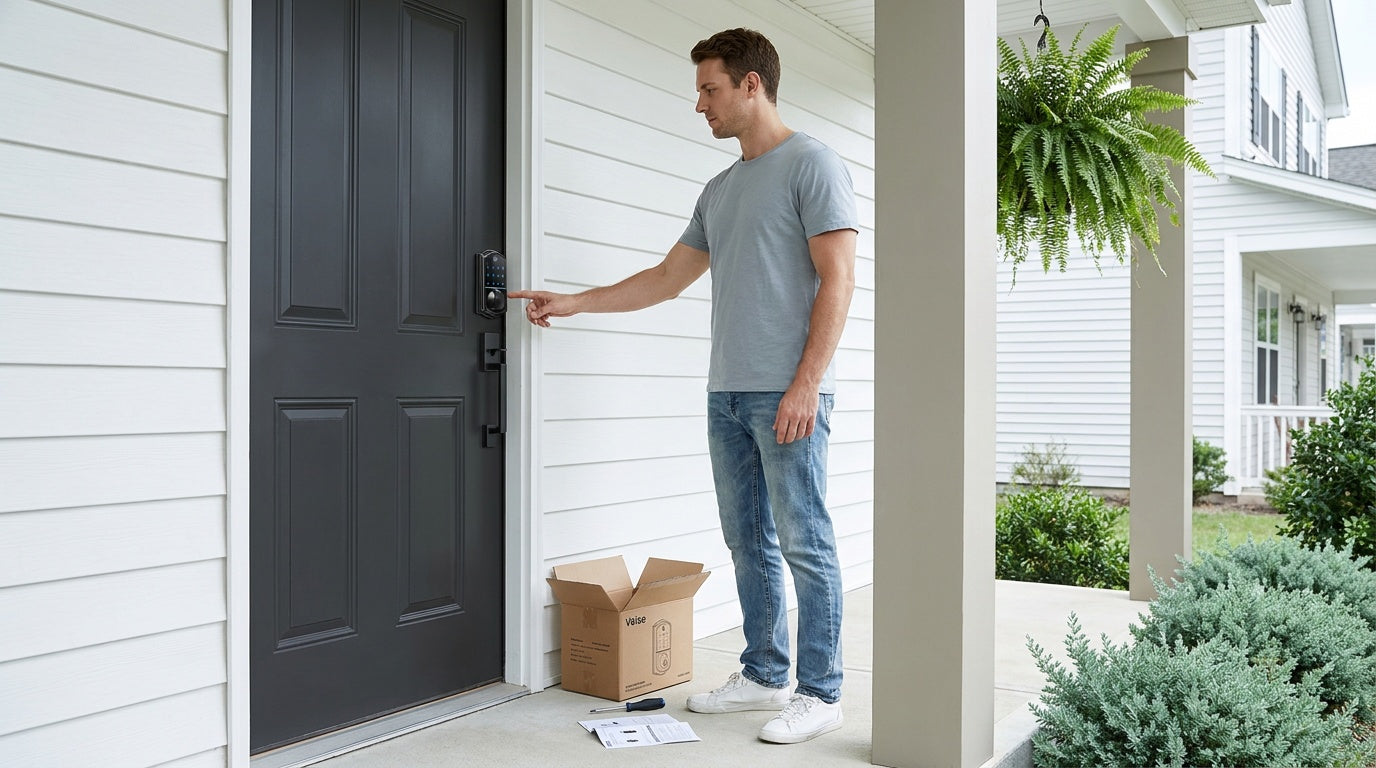 Man installing Veise Bluetooth smart lock on black-grey front door — DIY smart lock install guide with keypad entry