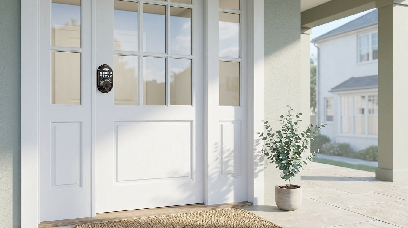 Keypad smart deadbolt installed on a white wood front door — keyless entry for a wood-door smart lock installation