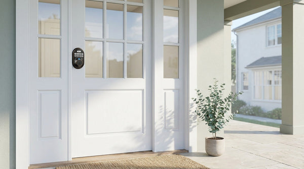 Keypad smart deadbolt installed on a white wood front door — keyless entry for a wood-door smart lock installation