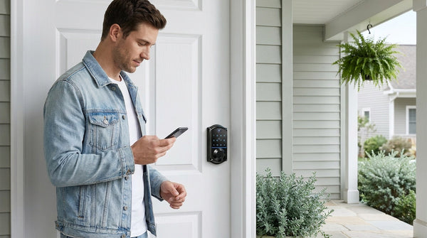 Man checking a smart lock app on his phone at a white front door — remote access and keyless entry home security