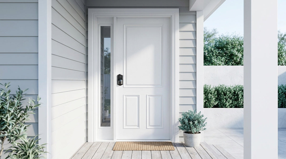 White front door fitted with a Veise Wi-Fi smart deadbolt — smart lock and deadbolt security in one keyless unit