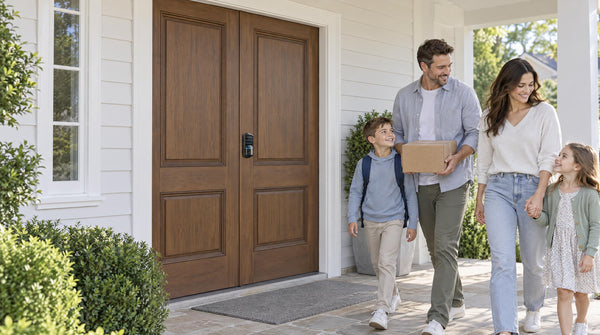 Family of four at walnut double entry doors with a VE027 Wi-Fi smart deadbolt - smart locks for double entry doors