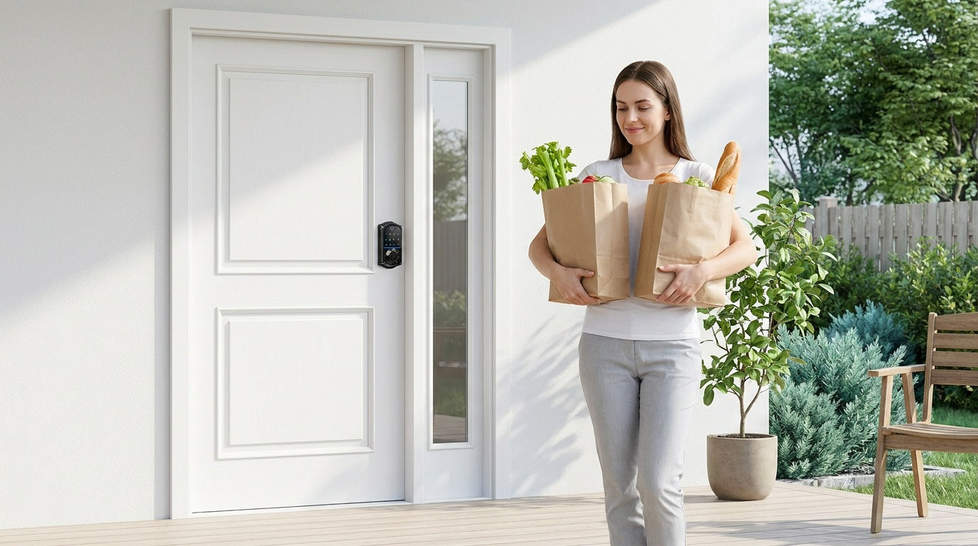 Woman with groceries at a back door with a fingerprint smart lock — keyless entry for every door in your home