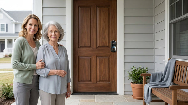 Adult daughter and senior mother at a walnut door with a Wi-Fi smart lock — keyless entry for aging in place