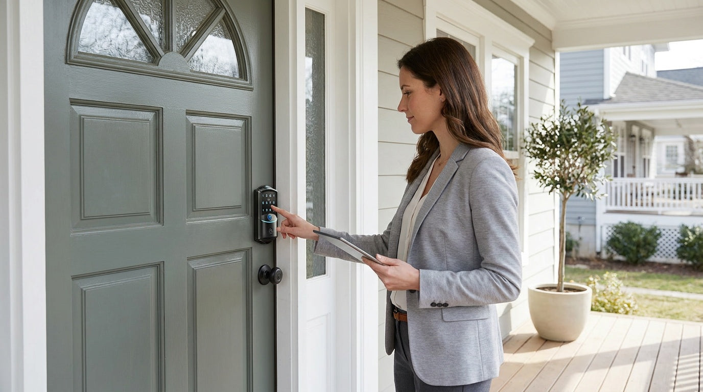 Property manager entering a code on a Wi-Fi keypad smart lock at a rental front door — keyless entry for rentals