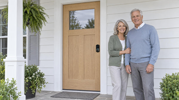 Retired couple at an oak front door with a VE027 Wi-Fi smart deadbolt - smart locks vs door security bars for home security