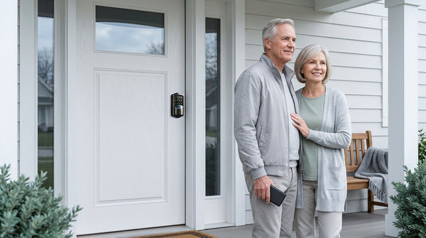 Retiree couple beside a closed white front door with a Veise Wi-Fi smart deadbolt — keyless entry backup power access