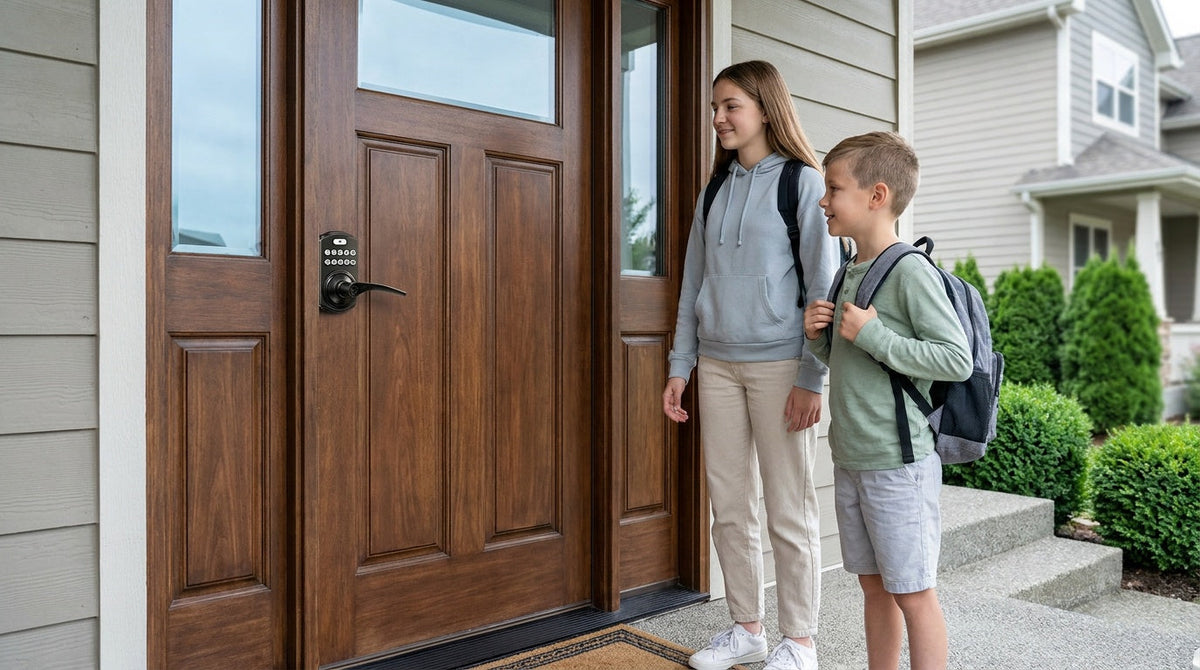 Kids home from school at a walnut door with a Veise keypad latch lock — offline keyless entry without Wi-Fi