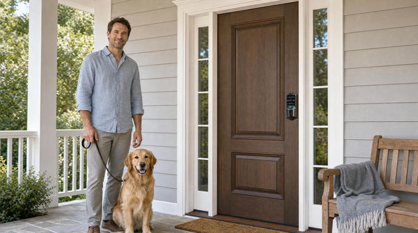 Man and dog at a walnut front door with a VE027 touchscreen smart deadbolt - keyless entry and auto lock