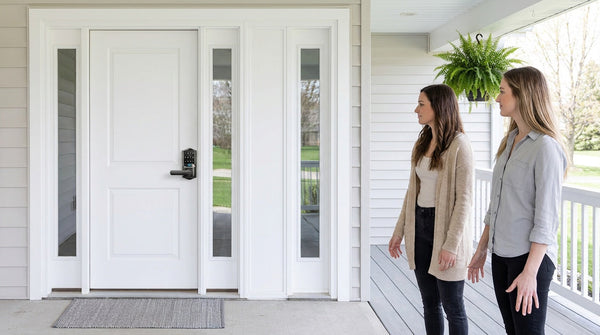 Two women beside a white door with a Veise keypad lever lockset — smart handle upgrade for entry doors
