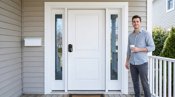 Man with coffee at a white front door with a Veise keypad smart lock — unlock without a key, keyless entry