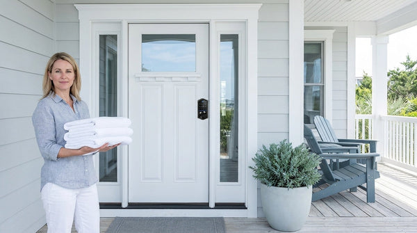 Vacation rental host at a front door with a Veise smart lock — keyless guest entry and remote code management