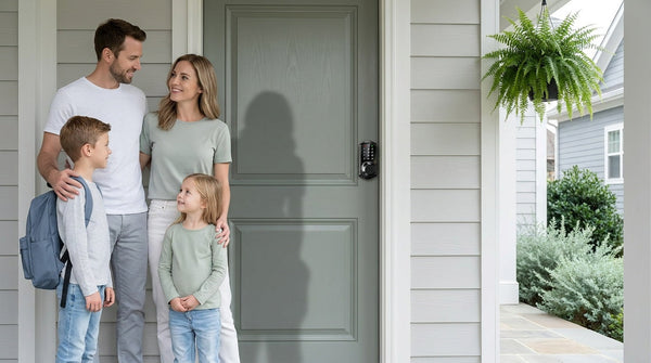 Family of four at a grey-green front door with a Veise fingerprint smart deadbolt — keyless entry home security