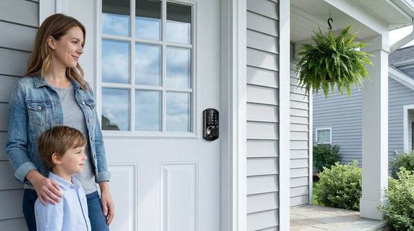 Mom and child at a white 9-pane front door with a Veise fingerprint smart deadbolt — keyless entry security