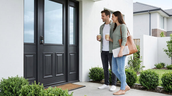 Couple arriving home hands-full at a black door with a Veise Wi-Fi smart lock — hands-free keyless entry daily