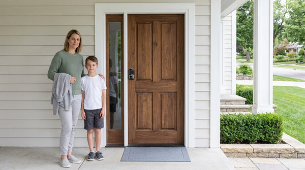 Mother and son at a walnut front door with a Veise Wi-Fi smart lock — keyless entry and remote monitoring