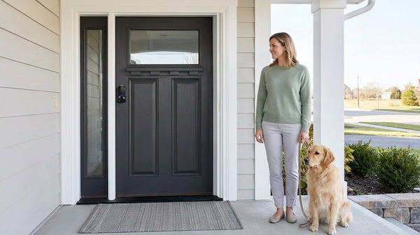 Woman and her dog at a black front door with a Veise smart deadbolt — deadbolt security and keyless entry