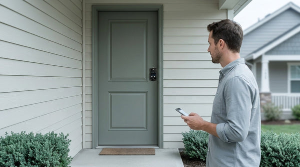 Man with phone beside a grey-green door with a Veise smart lock — gateway app control for remote keyless entry