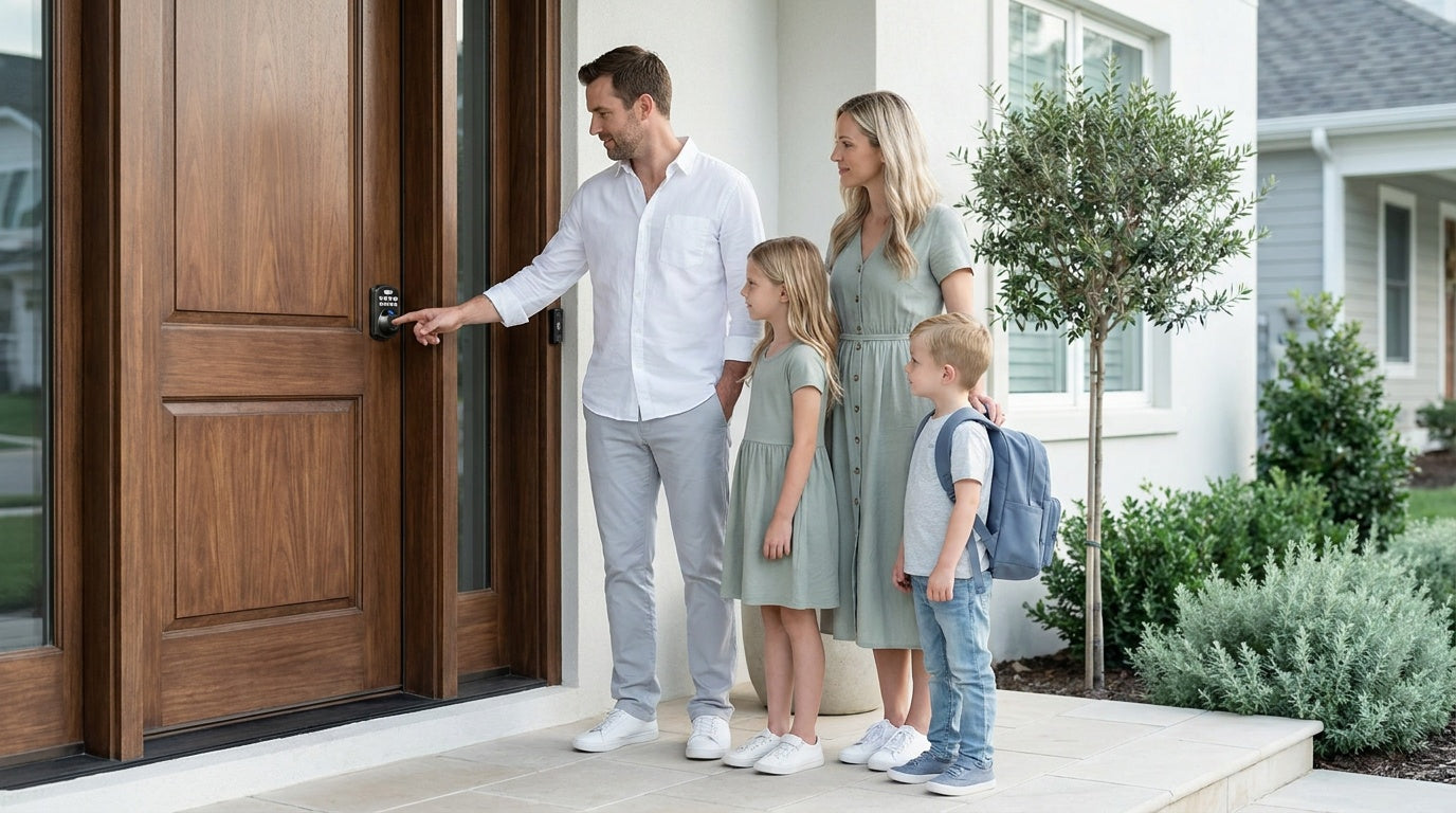 Family using a keypad smart lock at a walnut front door — keyless entry and home security for beginners