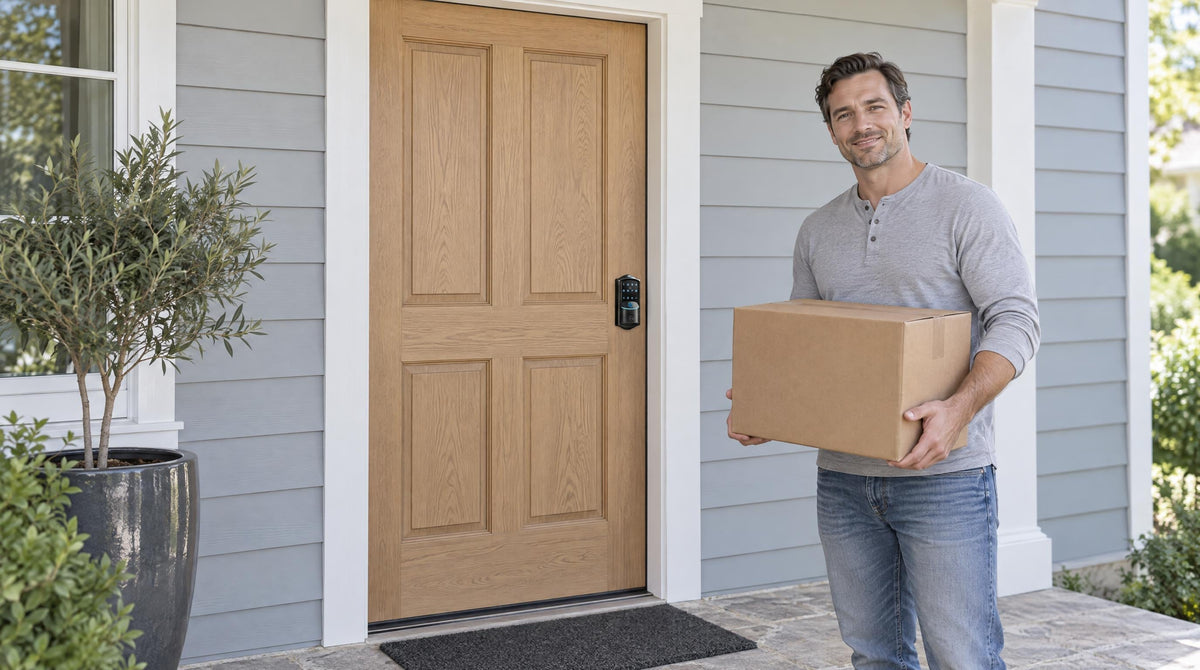 Man with a moving box at an oak front door with a VE027 Wi-Fi smart deadbolt - what is lock bumping and how to prevent it
