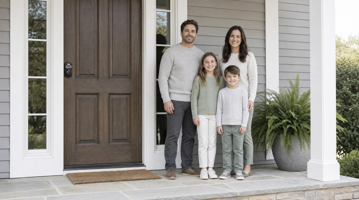 Family of four at a walnut front door with a KS02A keypad fingerprint deadbolt - the best lock for a front door