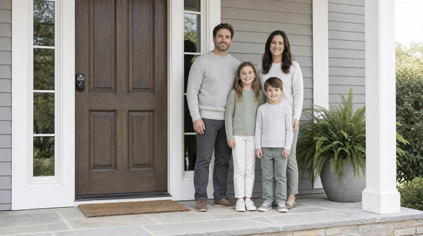 Family of four at a walnut front door with a KS02A keypad fingerprint deadbolt - the best lock for a front door