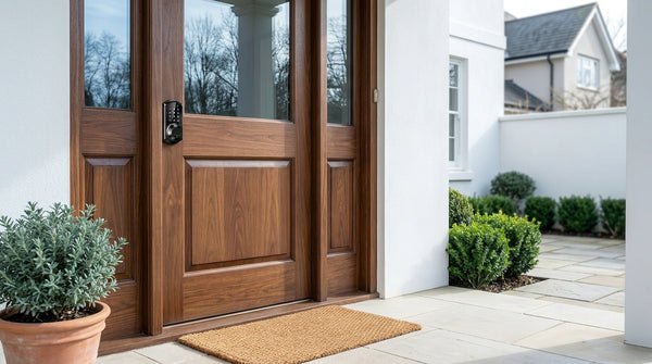 Fingerprint smart lock on a walnut wood front door — keyless entry and auto lock for everyday home security