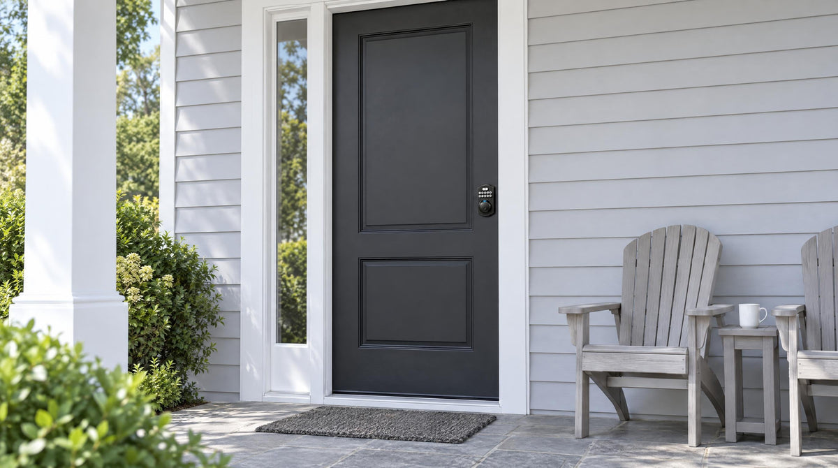 Black front door with a KS02A keypad fingerprint deadbolt - signs it is time to replace your door lock
