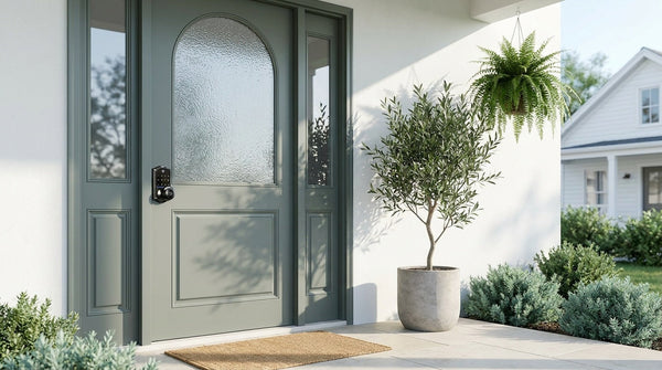Grey-green arched-glass front door with Veise smart lock + integrated knob — why smart locks stop working guide