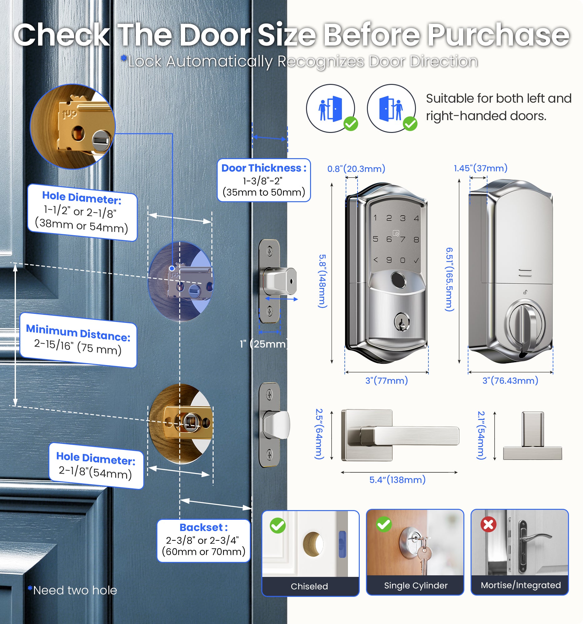 Veise VE027-L Built-in WiFi Smart Lock with Handles Fingerprint keyless Entry