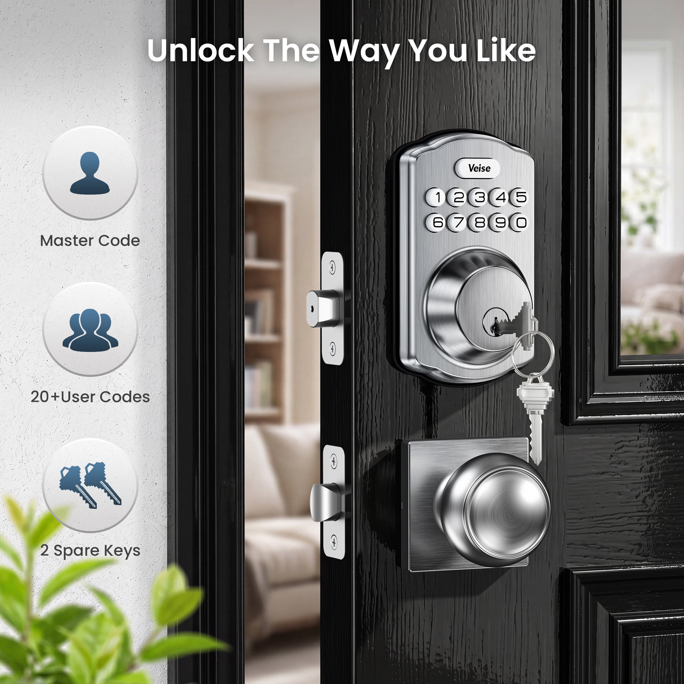 Veise KS01-K Keyless Entry Door Lock with 2 Knobs Set, Electronic Keypad Deadbolt, Easy Installation Digital Smart Door Lock Set, Auto Lock, One-time Codes-W