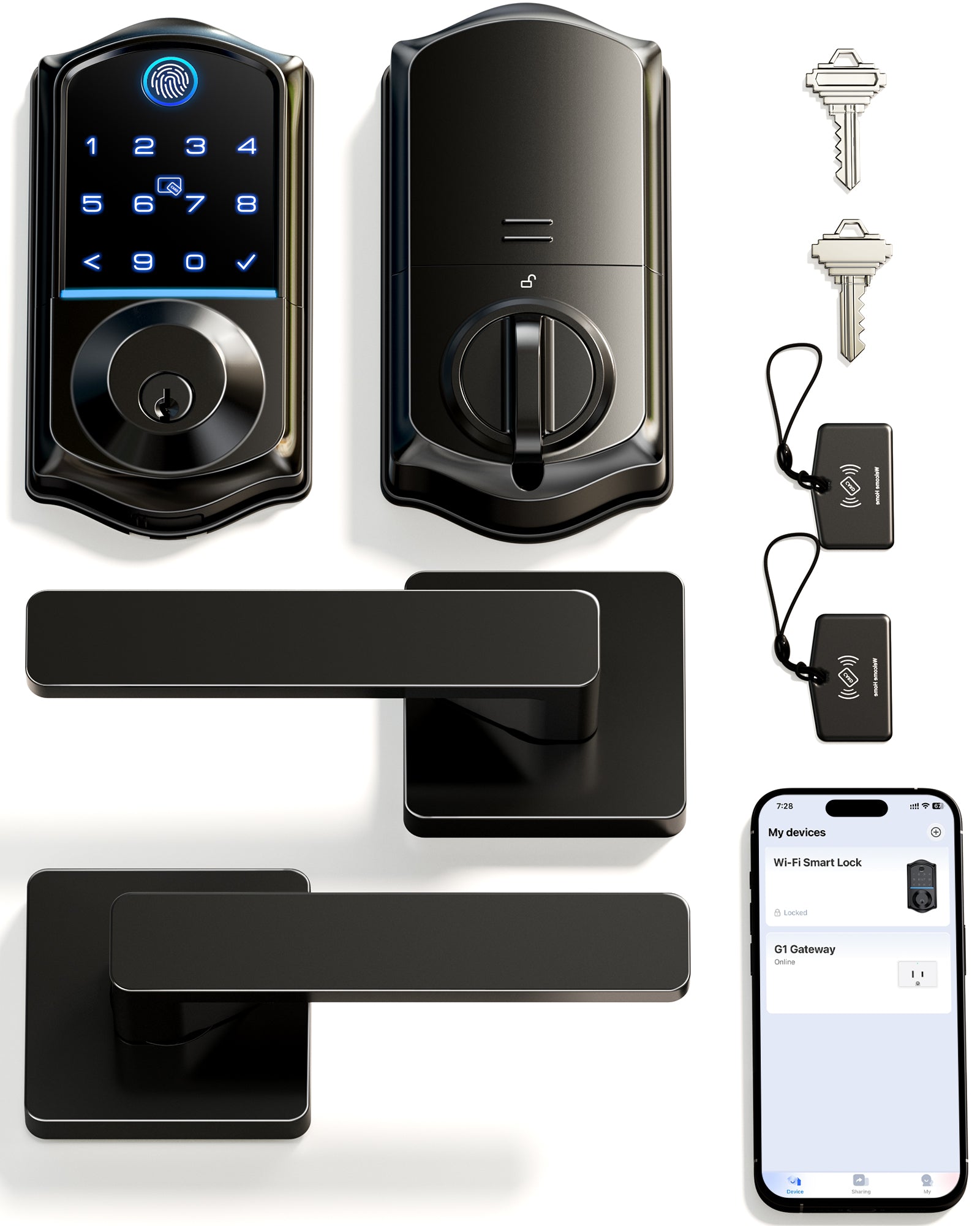 Veise VE017-B Fingerprint Smart Lock for Front Door, App Control, 7-in-1 Keyless Entry Deadbolt with 2 Zinc Alloy Lever Handles Set, Emergency Power Port, Auto Lock, Electronic Keypad