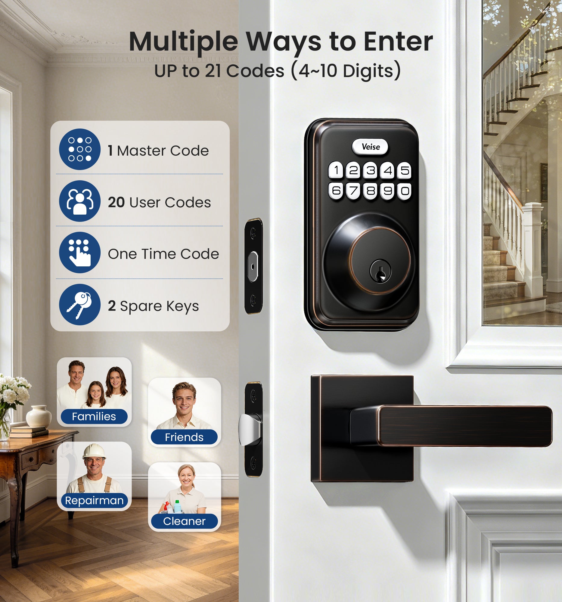 Veise DK01-B Keypad Deadbolt with 2 Lever Handles