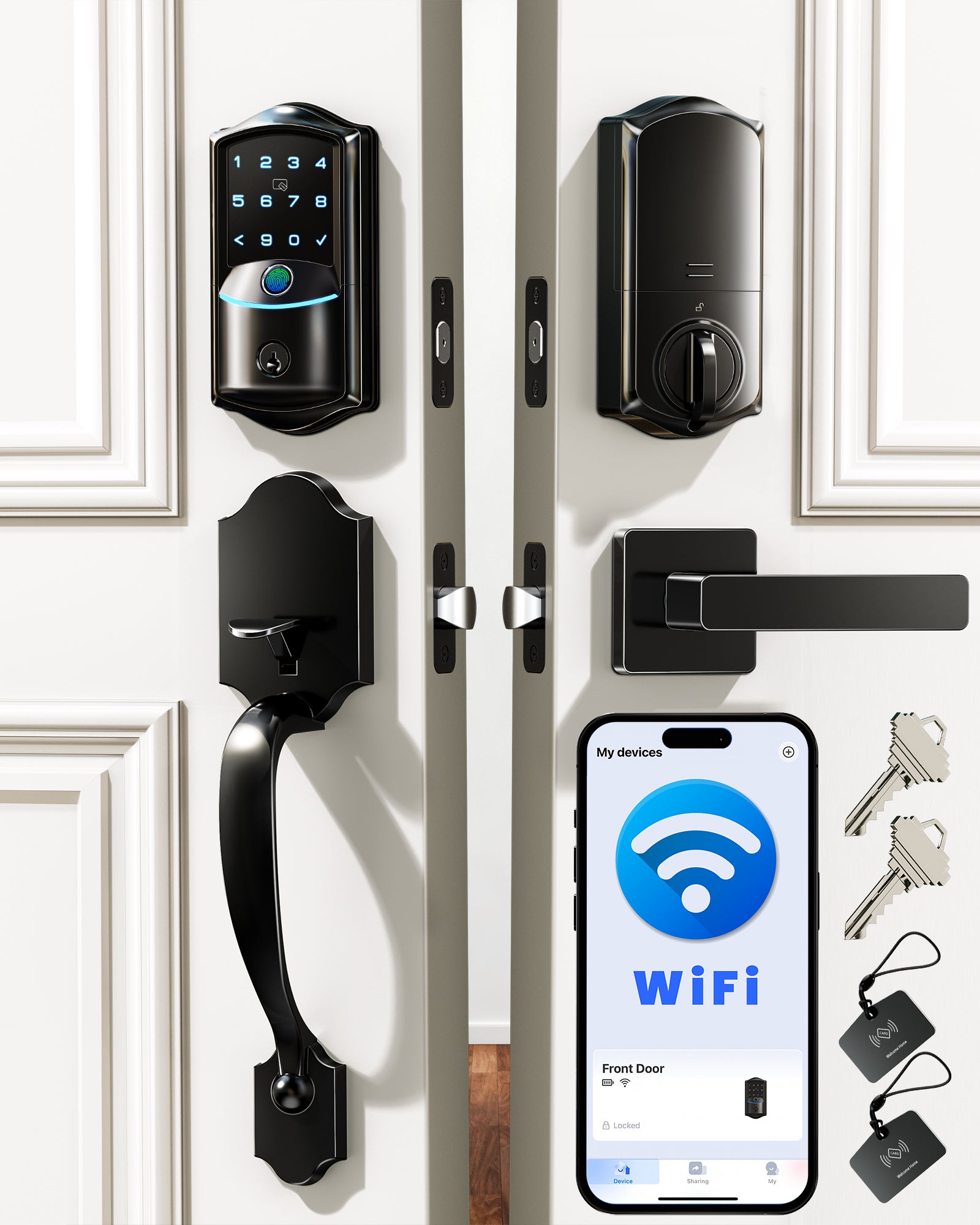 Veise VE027-H Smart Door Lock with Handleset, Built-in Wi-Fi, App Remote Control, Fingerprint Keyless Entry Door Lock, Auto-Lock, Keypad Front Door Lock Set, 240-Day Battery Life, Easy Setup, 2.4GHz