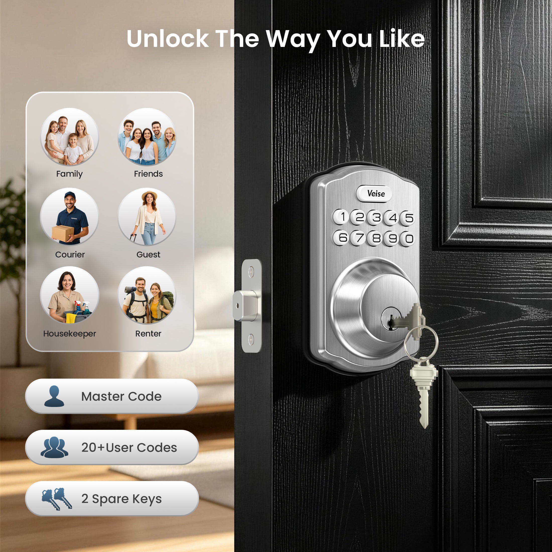 Veise KS01 Electronic Keypad Deadbolt Door Lock, Easy Installation, Aluminum, Zinc Materials, Satin Nickel-W
