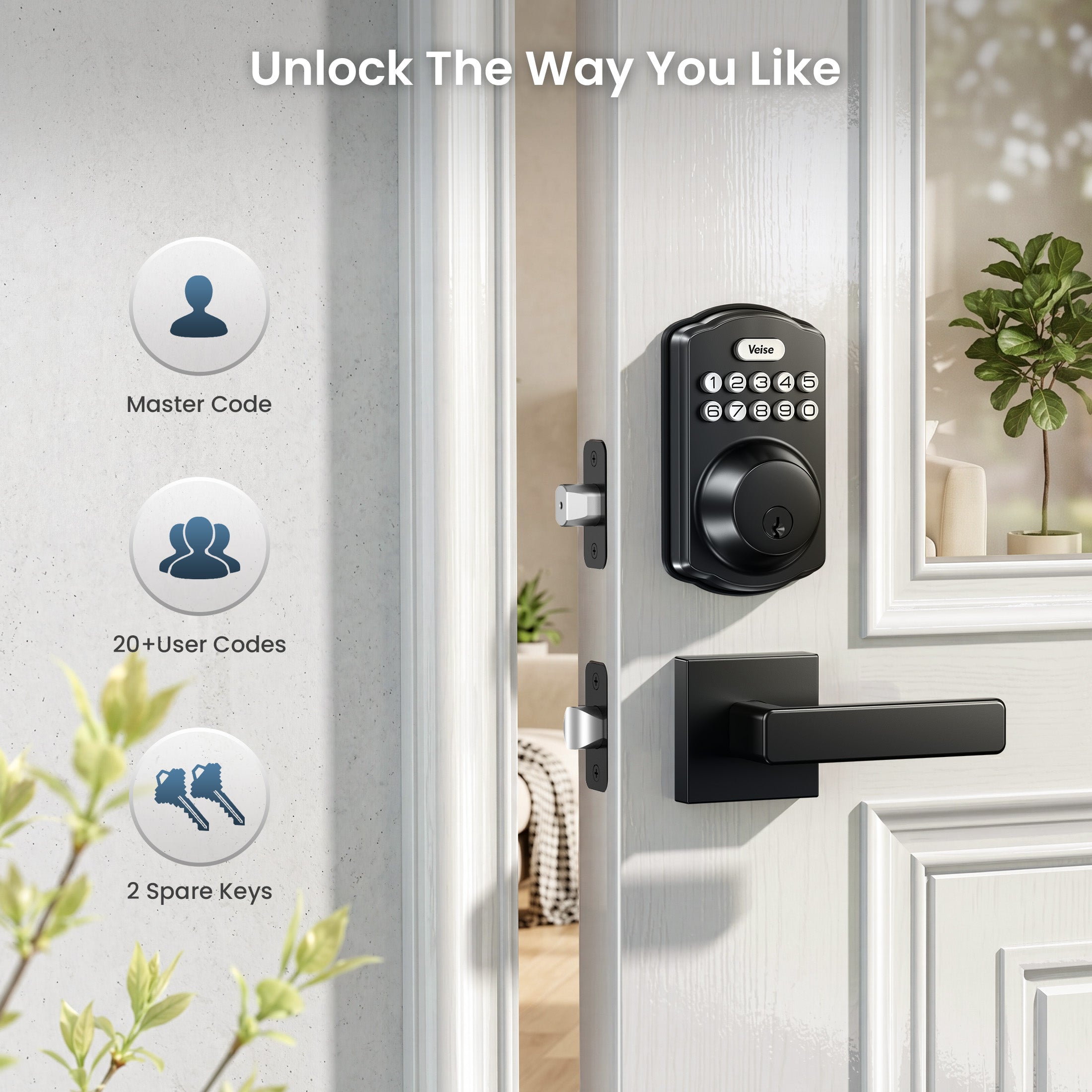 Veise KS01-L Keyless Entry Door Lock with 2 Lever Handles Set, Electronic Keypad Deadbolt, Easy Installation Digital Smart Door Lock Set, Matte Black