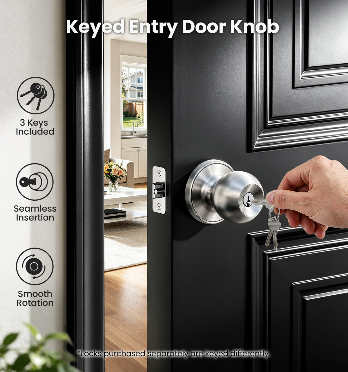 K01 Keyed Entry Door Knob with Lock & Key #Color_Satin Nickel