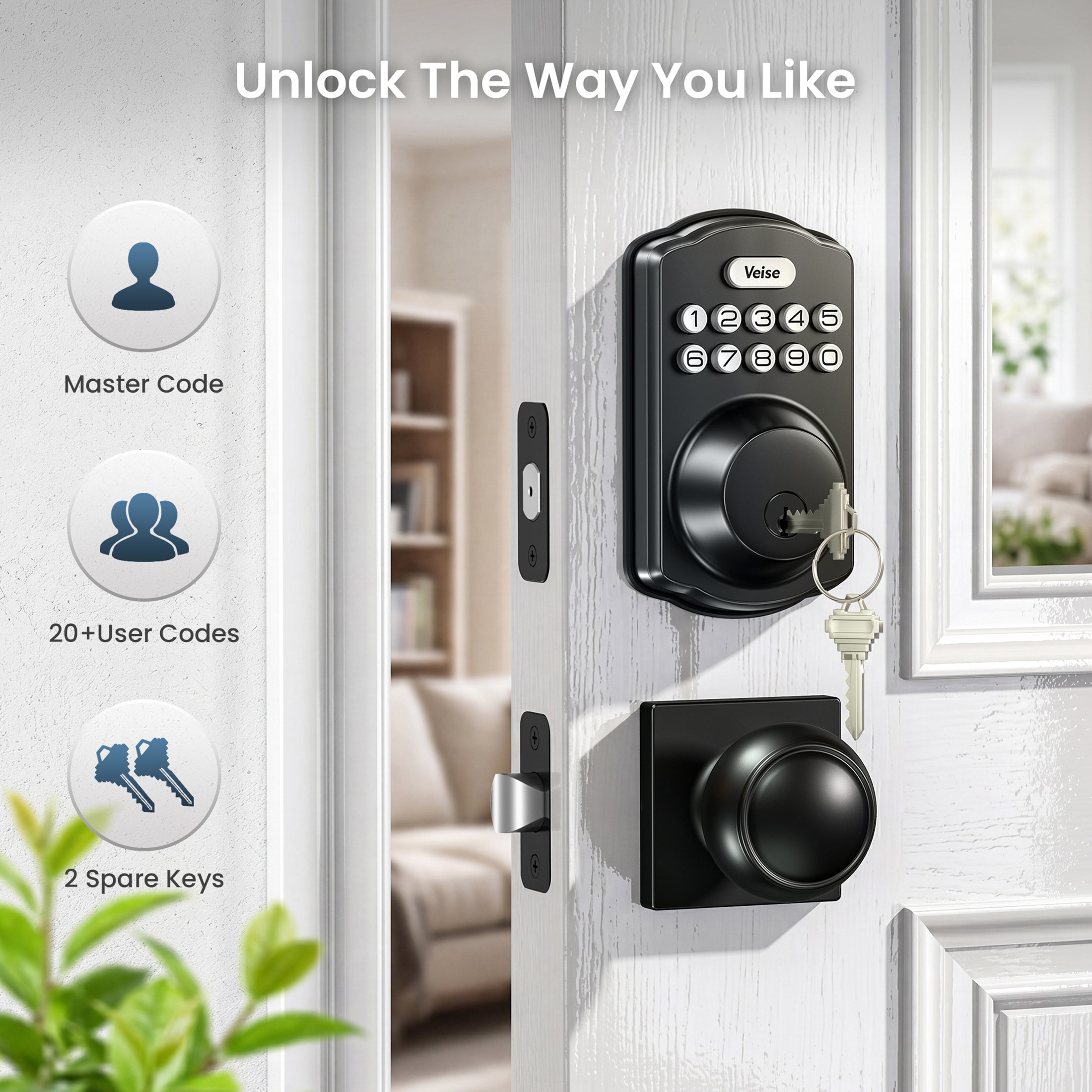 Veise KS01-K Keyless Entry Door Lock with 2 Knobs Set, Electronic Keypad Deadbolt, Easy Installation Digital Smart Door Lock Set, Auto Lock, One-time Codes, Matte Black-W