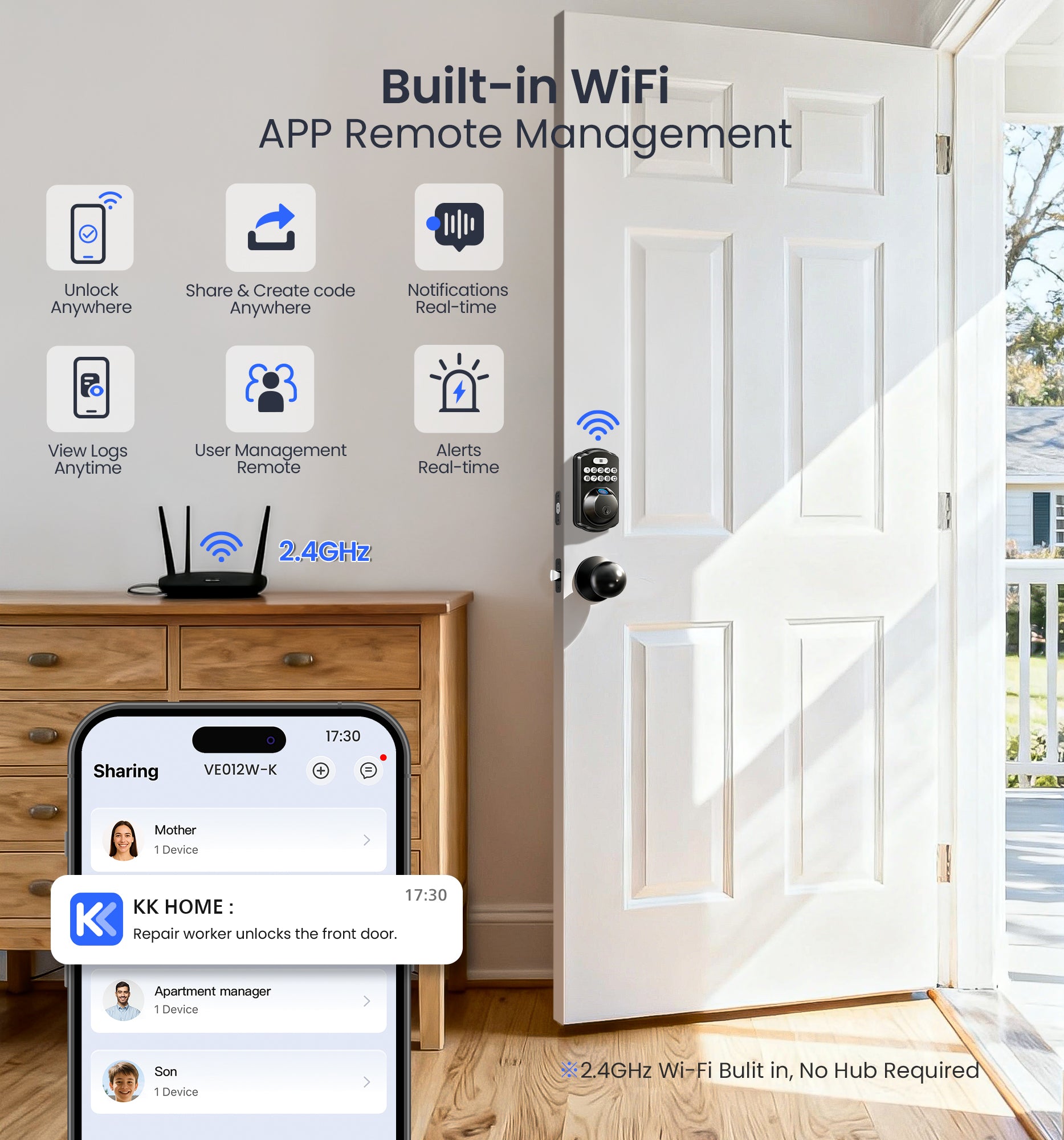 Veise VE012W-K Built-in WiFi Fingerprint Smart Lock with 2 Knobs